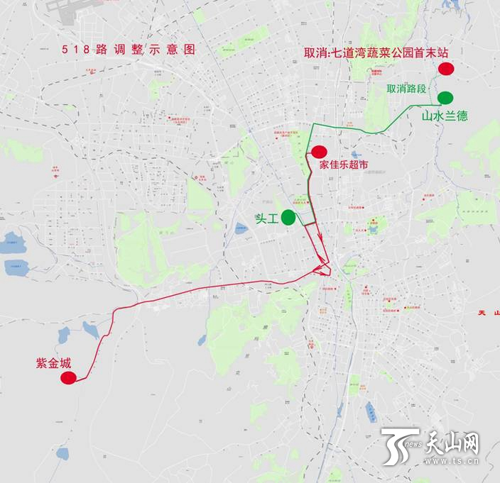 518路线路图1路1路首末站儿童公园至八道湾公交车场,线长13.